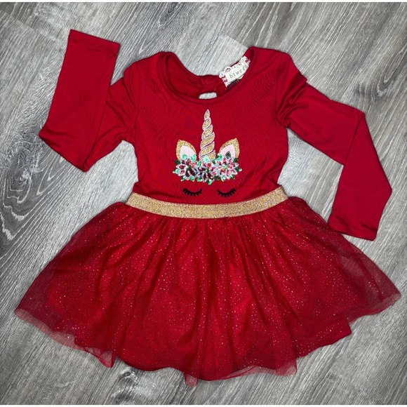 Between Other - Girls Red Long Sleeve Dress Sequin Glitter Tutu Winter Christmas Holiday‎ Sz 4T